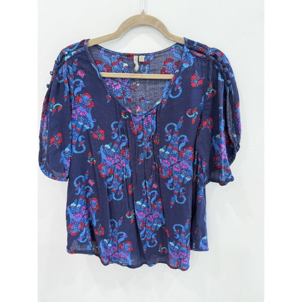 New Directions Peasant Blouse Small Navy Blue Floral Boho Flutter Sleeve - Picture 3 of 7